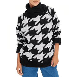 Damen nachhaltiger Sommer-Pullover mit Hahnentrittmuster Langarm-Shirt 928219 Schwarz/Grau