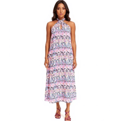 Damen Sommer-Kleid Neckholder-Kleid mit farbenfrohen Allover-Print ärmelloses Maxi-Kleid 968836 Rosa/Orange/Schwarz