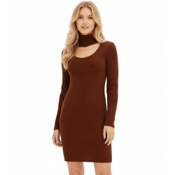 Damen Strick-Kleid Mini-Kleid mit Rollkragen und Ausschnittdetails Langarm-Kleid 979792 Mahagoni-Braun