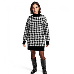 Damen Strick-Kleid mit Hahnentritt-Muster Mini-Kleid mit langen Ärmeln und Stehkragen 914658 Schwarz/Weiß