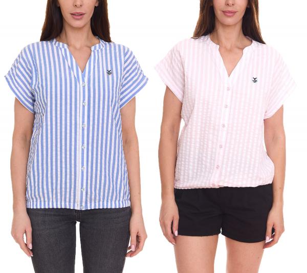 DELMAO Women's Summer Blouse, Striped, Short-Sleeve Blouse, Summer Shirt, Pink/White or Blue/White