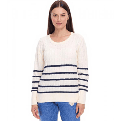 DELMAO Damen Strick-Pullover gestreifter Baumwoll-Pulli Zopfstrick 94622740 Wollweiß/Navy 