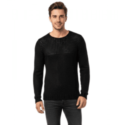 Solid-Color Men's Crew-Neck Sweater in Loose, Chunky Knit, Sweater 6250 Black