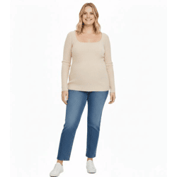 gemütlicher Damen Strick-Pullover schmal geschnittener Langarm-Pulli mit Karree-Ausschnitt Große Größen 969592 Beige