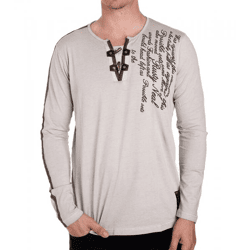 Herren Langarm-Shirt mit Schriftzug Sommer-Baumwoll-Longsleeve mit V-Ausschnitt Freizeit-Pullover R-10115 Beige