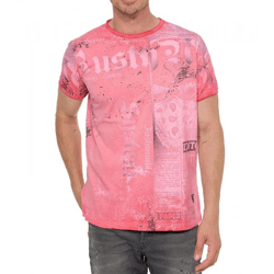 Herren T-Shirt mit Allover-Print im Used-Look Baumwoll-Shirt Rundhals-Shirt R-15295 Coral