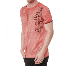 Herren T-Shirt mit Urban-Print Baumwoll-Oberteil Sommer-Rundhals-Shirt mit Knopfleiste S-15246 Orange
