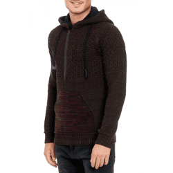 Lässiger Herren Strick Kapuzen-Pullover mit Half-Zip-Reißverschluss Sweater mit Biker-Struktur Hoodie 13346 Weinrot
