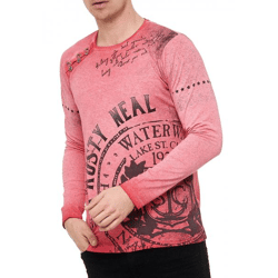 Markantes Herren Longsleeve Rundhals Print Design Washed Look mit Knopfleiste Slim Fit Langarm-Shirt 10145 Rot