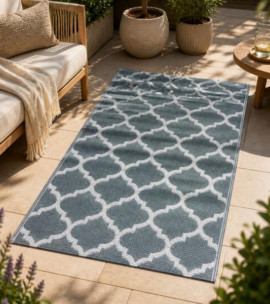 Moderner Outdoor-Teppich im Gittermuster Garten-Teppich Dekoteppich ca.90 x 150cm Blau/Wei&szlig;