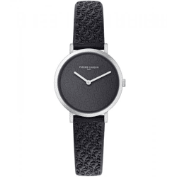Pierre Cardin Damen Armband-Uhr mit Marken-Kürzel-Print analoge Quarz-Uhr mit Leder-Armband 3ATM 31mm CBV.1502 Schwarz/Silber