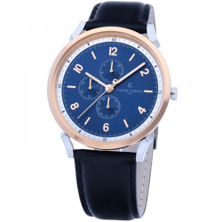 Pierre Cardin Herren Armband-Uhr mit farblichem Multi-Ziffernblatt analoge Quarz-Uhr mit Leder-Armband 3ATM 44mm CPI.2063 Schwarz/Silber/Bl