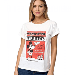 RE:COVERED X Disney Damen T-Shirt mit Mickey Mouse Plakat Aufdruck Shirt Baumwollshirt Rundhals MMDIS2593 Hellbeige