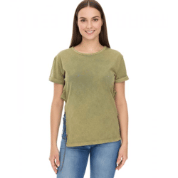 ROCKUPY Damen T-Shirt Kurzarm-Shirt mit Seitenschlitz Baumwoll-Shirt Rundhals-Shirt 393828 Grün