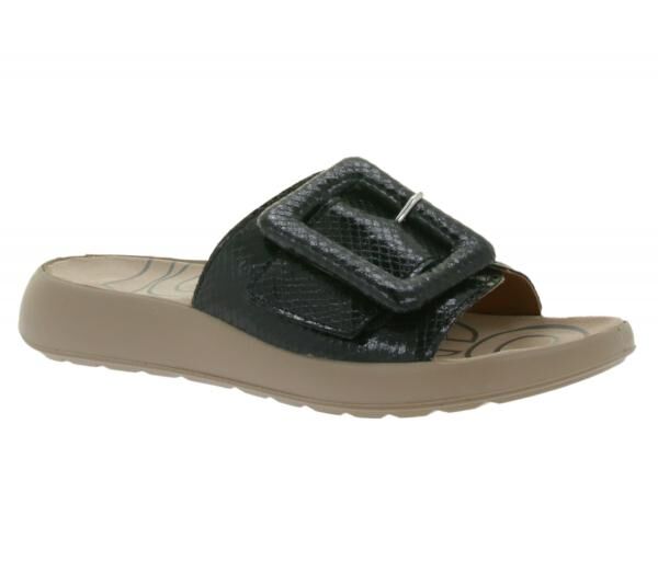 Schicke igi&co Damen Echtleder-Pantoletten Made in Italy Schlappen mit Riemen im Schlangen-Design 76784 00 Schwarz
