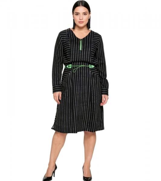 sheego Damen Sommer-Kleid knielanges Kleid mit Eingrifftaschen Gro&szlig;e Gr&ouml;&szlig;en Langarm 89135290 Schwarz