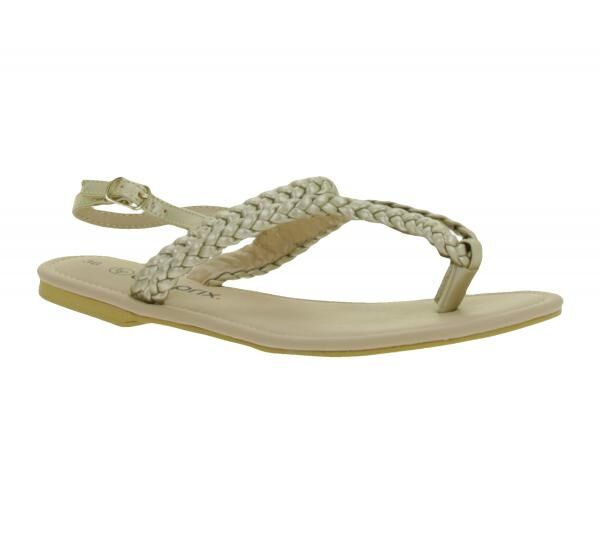 Sommerliche Damen Zehensteg-Sandale in Flechtoptik Sommer-Schuhe Zehentrenner 909051 Gold/Beige