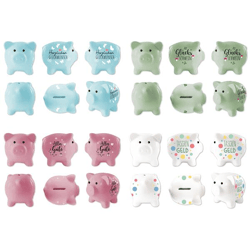 Money Box (Piggy Bank), Sayings, 4/s, approx. 12 cm