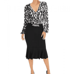 Stylish women's midi dress, summer dress with blouse-style top and pencil skirt, business dress 912462, black/white