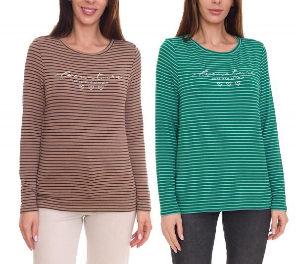 Street One Damen Langarm-Shirt gestreifter Pullover mit Schriftzug auf der Front Braun/Schwarz oder Gr&uuml;n/Wei&szlig;