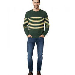 Stylischer ESPRIT Herren Strick-Pullover mit Streifen Rundhals-Sweater Baumwoll-Pullover Grün