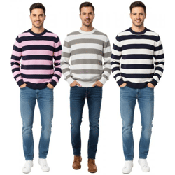 Stylischer ESPRIT Herren Strick-Pullover mit Streifen Rundhals-Sweater Baumwoll-Pullover in Dunkelblau/Rosa, Weiß/Grau oder Dunkelblau/Wei