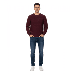 Stylischer ESPRIT Herren Strick-Pullover mit Wellen-Muster Rundhals-Sweater Baumwoll-Pullover Wein-Rot