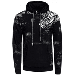 Stylischer Herren Kapuzen-Pullover mit All-Over Graphic-Print Hoodie mit Känguru-Tasche Sweater 19134 Schwarz