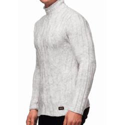 Vielseitiger Herren Grobstrick Stehkragen-Pullover mit eingearbeitetem Muster Woll-Sweater 13353 Grau