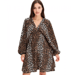 wildes Damen Sommer-Kleid Animalprint-Kleid mit Ballonärmeln kurzes Mini-Kleid 973887 Braun