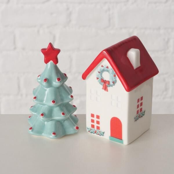 Boltze-Figur „Weihnachtshaus/Weihnachtsbaum“, 9,5 cm, 2er-Set