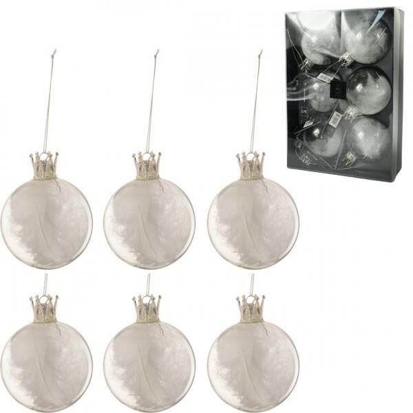 J-Line-Weihnachtskugeln aus Glas mit Federn, 8 cm, 6 Stück