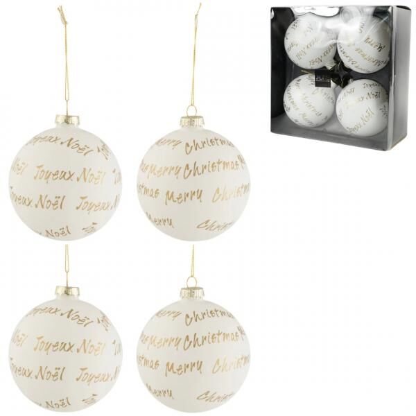 J-Line Weihnachtskugeln aus Glas, weiß/gold, 10 cm, 4 Stück
