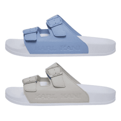 $6.99 per pair, Karl Kani Street Slide Beige, Blue | Clearance | B2B