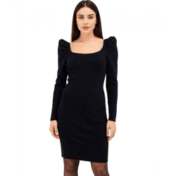 Damen Ripp-Strick-Kleid mit Karree-Ausschnitt Mini-Kleid mit langen Ärmeln 906800 Schwarz