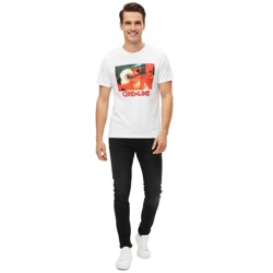 RE:COVERED X GREMLINS Herren T-Shirt mit großem Foto-Print Rundhals-Shirt RCWARN557 Weiß