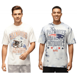 RE:COVERED X NFL New England Patriots Herren T-Shirt Baumwoll-Shirt in Ecru-Weiß oder Batik-Blau