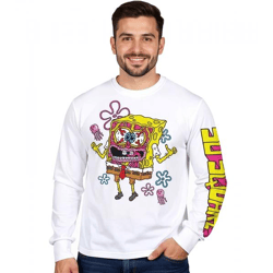 RE:COVERED X nickelodeon Herren Langarm-Shirt SpongeBob Schwammkopf Design Baumwoll-Pullover Rundhals-Shirt RCVCM688 Weiß