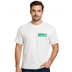 RE:COVERED X SEGA Herren T-Shirt mit Sonic-Print Baumwoll-Shirt Rundhals-Shirt RCSEGA551 Ecru-Weiß