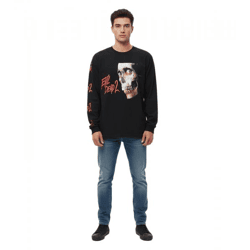 RE:COVERED X Studio Canal Evil Dead 2 Herren Langarm-Shirt mit Horror-Gesichtsprint Baumwoll-Longsleeve Pullover RCSTC115 Schwarz