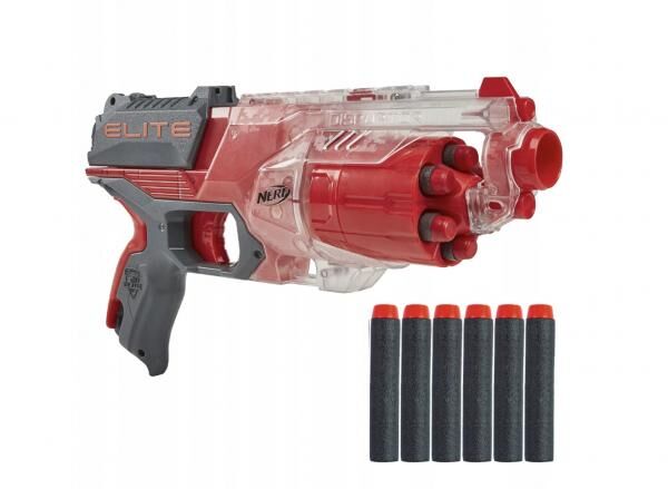 F2694 NERF Elite Disrupter Blaster 6-Dart rotierende Trommel, 6 offizielle Elite Darts, Slam Fire, durchscheinendes Rot
