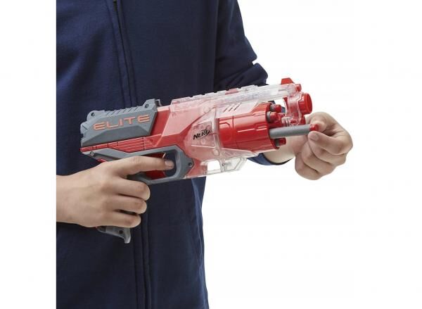 F2694 NERF Elite Disrupter Blaster 6-Dart rotierende Trommel, 6 offizielle Elite Darts, Slam Fire, durchscheinendes Rot