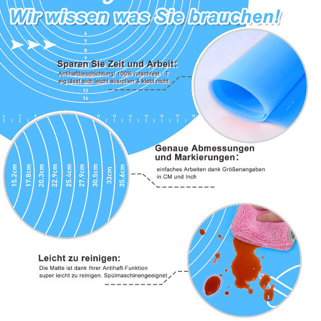Backmatte (65 x 45 cm Blau) Silikonmatte mit Skala Backunterlage Teigmatte Rollmatte - Antihaft extra stabil rutschfest
