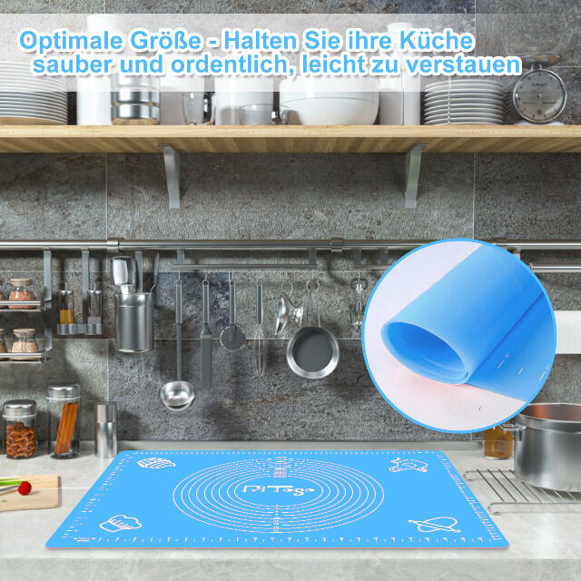 Backmatte (65 x 45 cm Blau) Silikonmatte mit Skala Backunterlage Teigmatte Rollmatte - Antihaft extra stabil rutschfest
