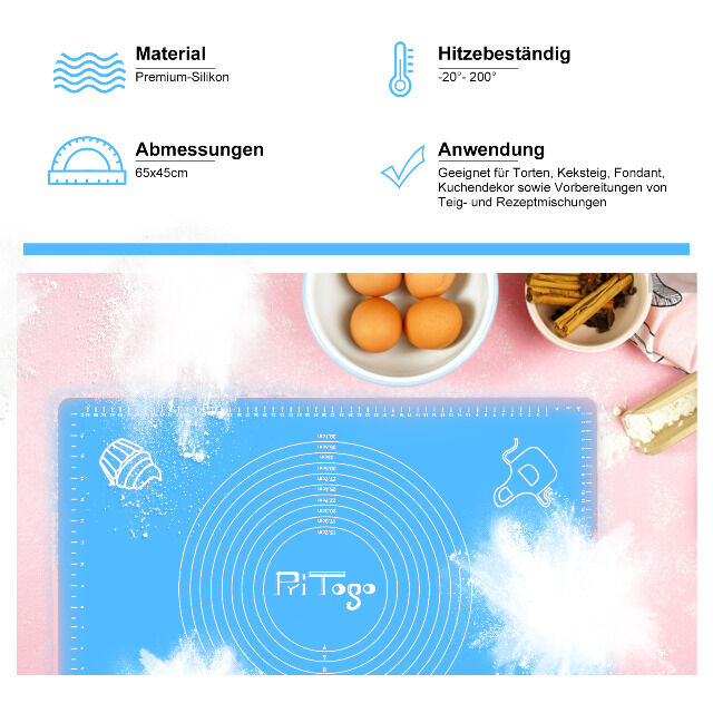 Backmatte (65 x 45 cm Blau) Silikonmatte mit Skala Backunterlage Teigmatte Rollmatte - Antihaft extra stabil rutschfest