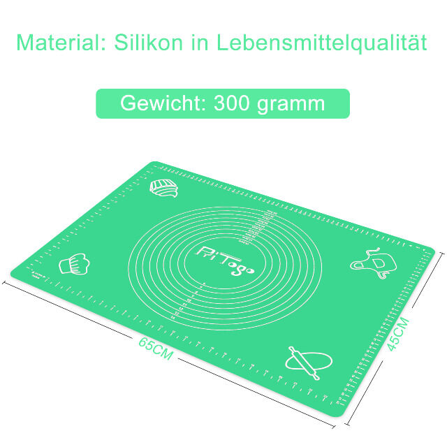 Backmatte (65 x 45 cm Grün) Silikonmatte mit Skala Backunterlage Teigmatte Rollmatte - Antihaft extra stabil rutschfest 