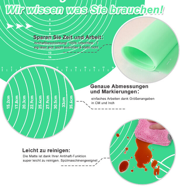Backmatte (65 x 45 cm Grün) Silikonmatte mit Skala Backunterlage Teigmatte Rollmatte - Antihaft extra stabil rutschfest 