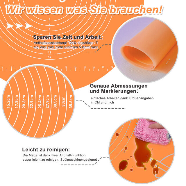 Backmatte (65 x 45 cm Orange) Silikonmatte mit Skala Backunterlage Teigmatte Rollmatte - Antihaft extra stabil rutschfest 