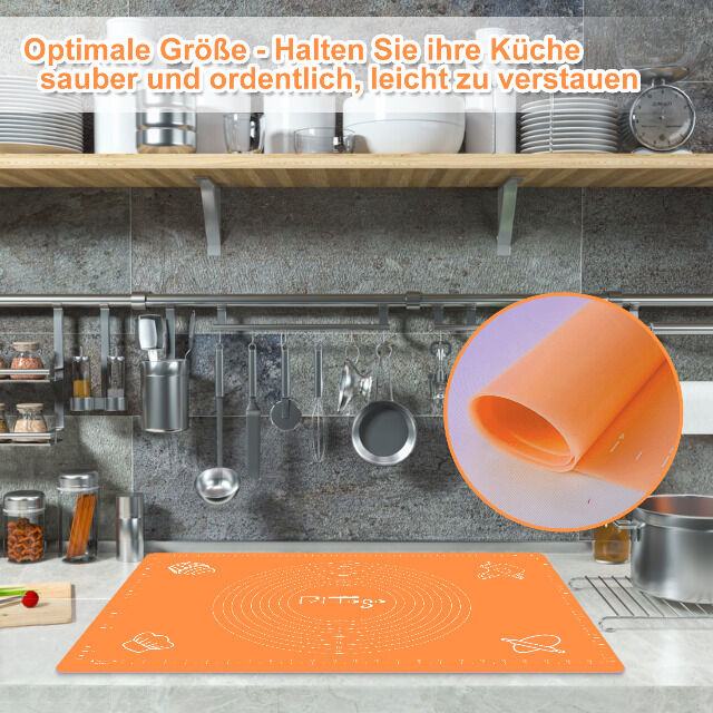 Backmatte (65 x 45 cm Orange) Silikonmatte mit Skala Backunterlage Teigmatte Rollmatte - Antihaft extra stabil rutschfest 