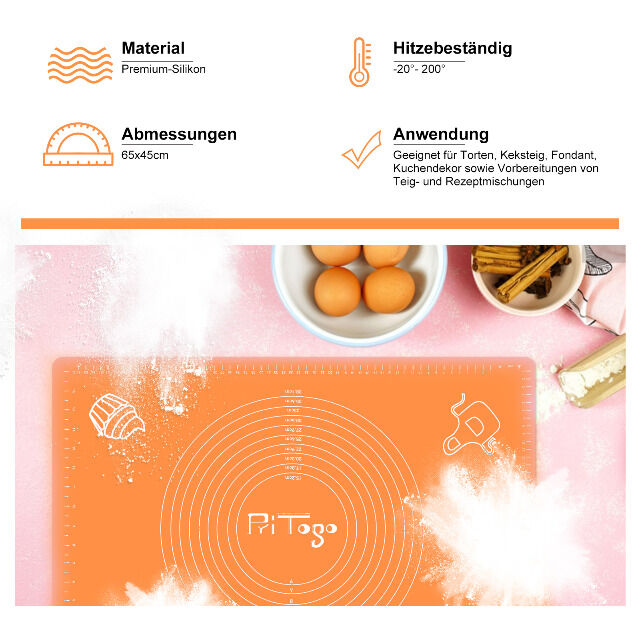 Backmatte (65 x 45 cm Orange) Silikonmatte mit Skala Backunterlage Teigmatte Rollmatte - Antihaft extra stabil rutschfest 